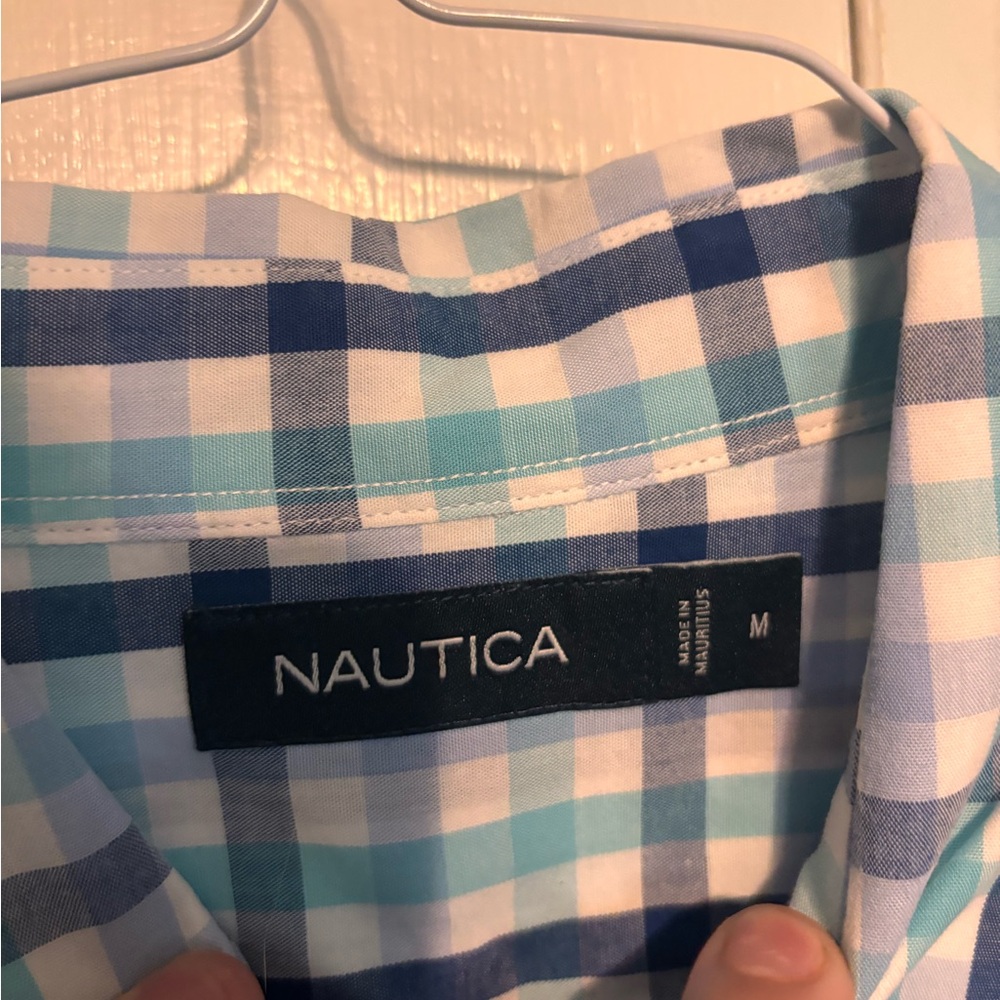 Nautica Men's Aqua and White Plaid Shirt